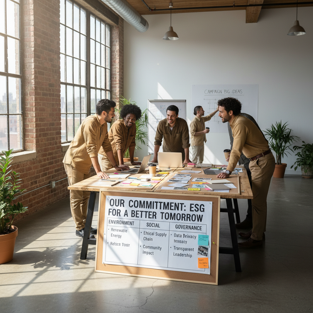 Marketing team creating sustainable brand campaign materials with ESG messaging on creative boards