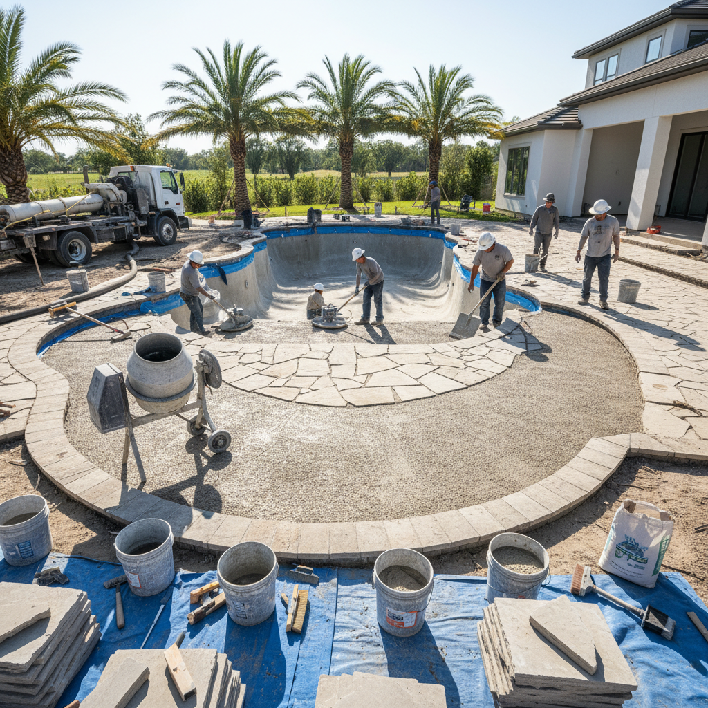 Pool construction crew working efficiently on pool deck resurfacing with equipment and materials organized on site