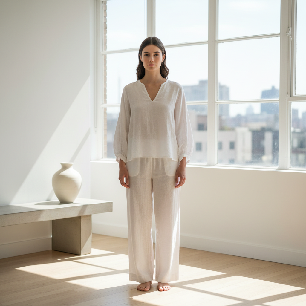 Clean white organic cotton t-shirt on wooden surface, bright natural light