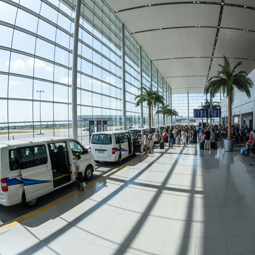 Airport shuttle bus service at terminal, charter bus for group airport transfers and pickups