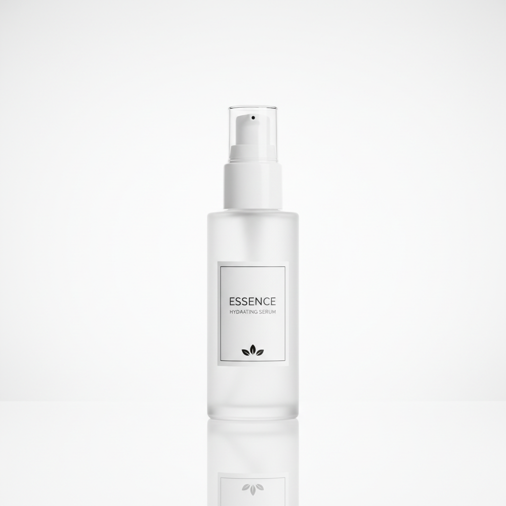 Minimalist white essence bottle with clean label on reflective surface