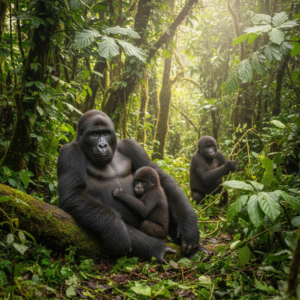 Mountain gorilla in Bwindi Impenetrable Forest, close up, lush green Uganda jungle