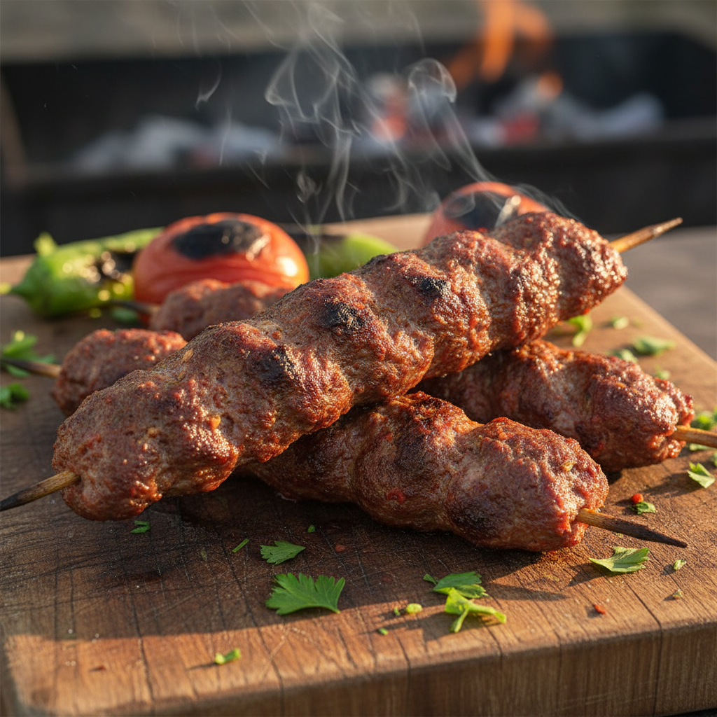 Grilled Adana kebab skewers with charred edges on a wooden board