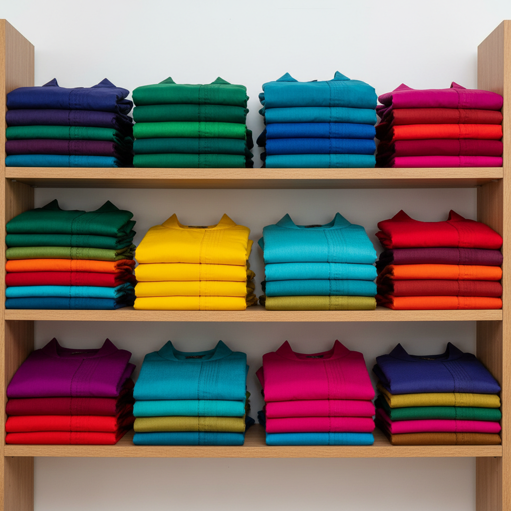Collection of printed and embroidered kurtis hanging on display racks in a colorful Indian wholesale store