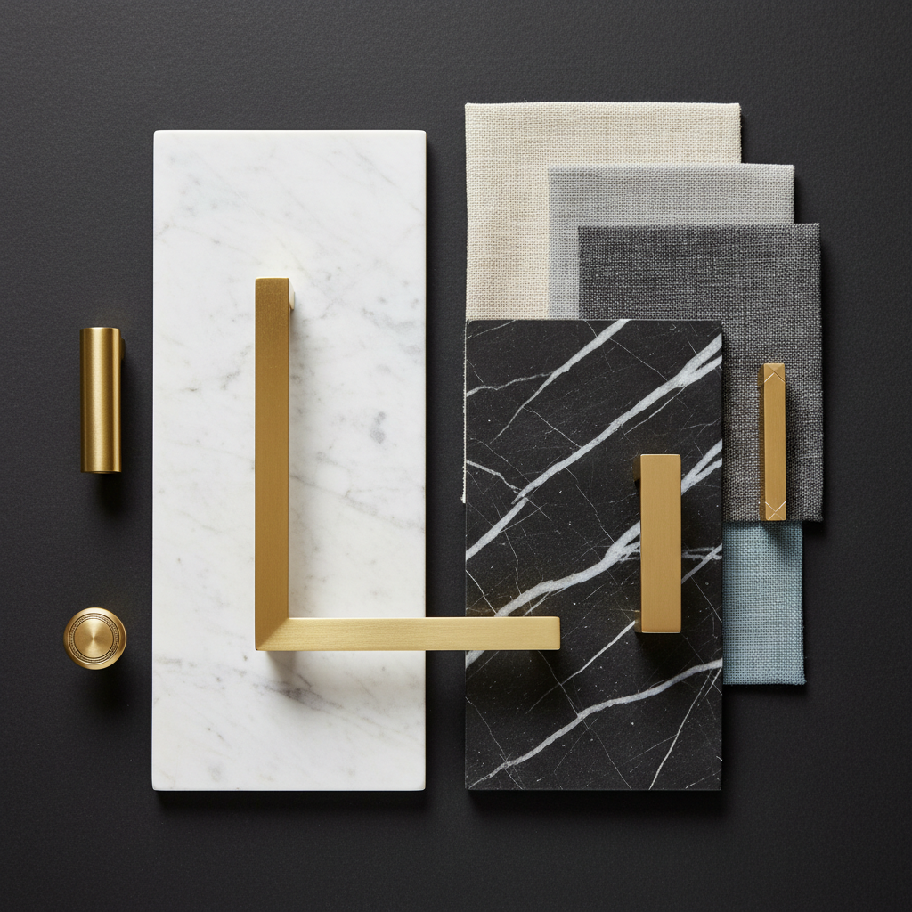 Architectural drawing spread on a table with material samples and brass hardware in the Alder Stone studio