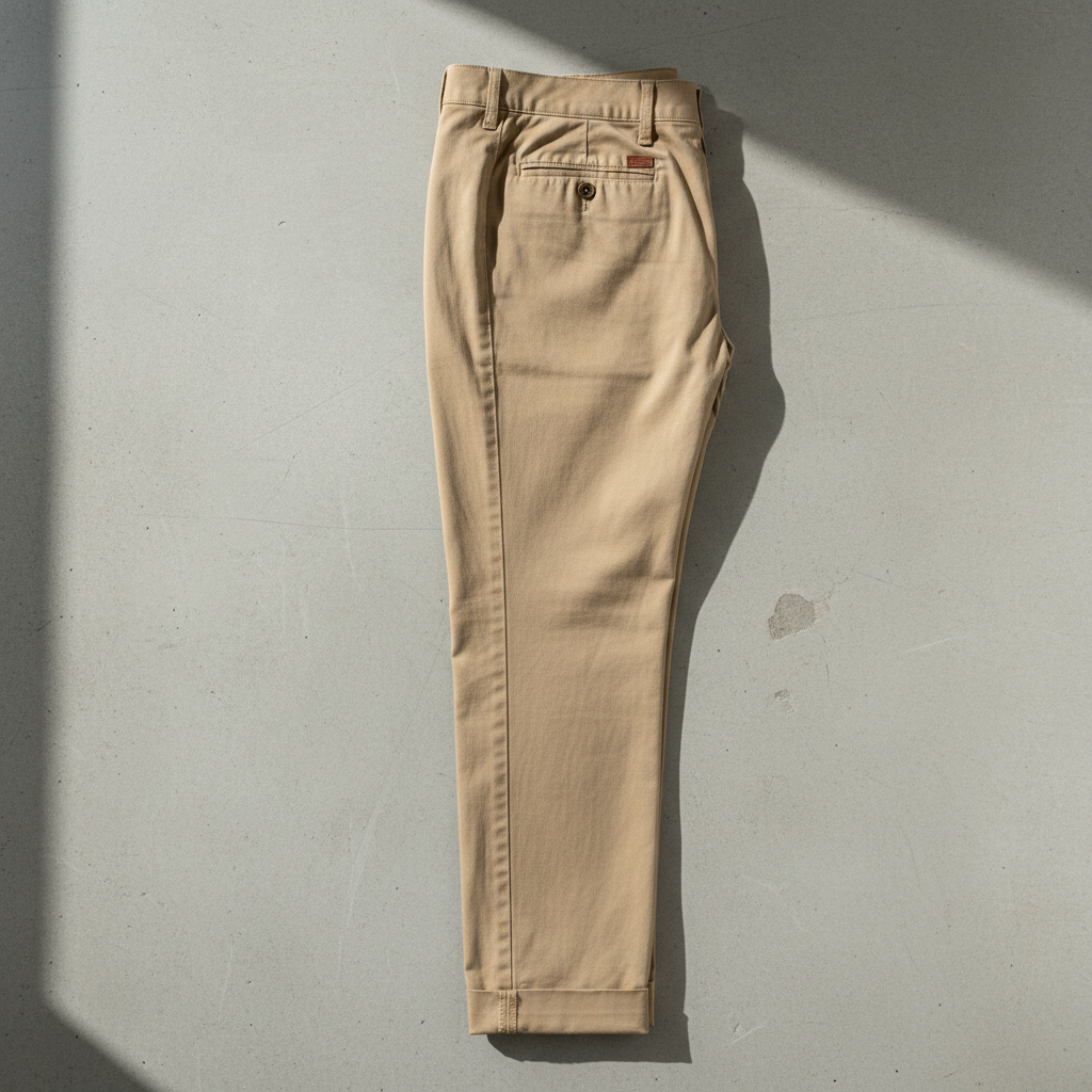 Relaxed chinos in ecru, laid flat on white surface, natural overhead light
