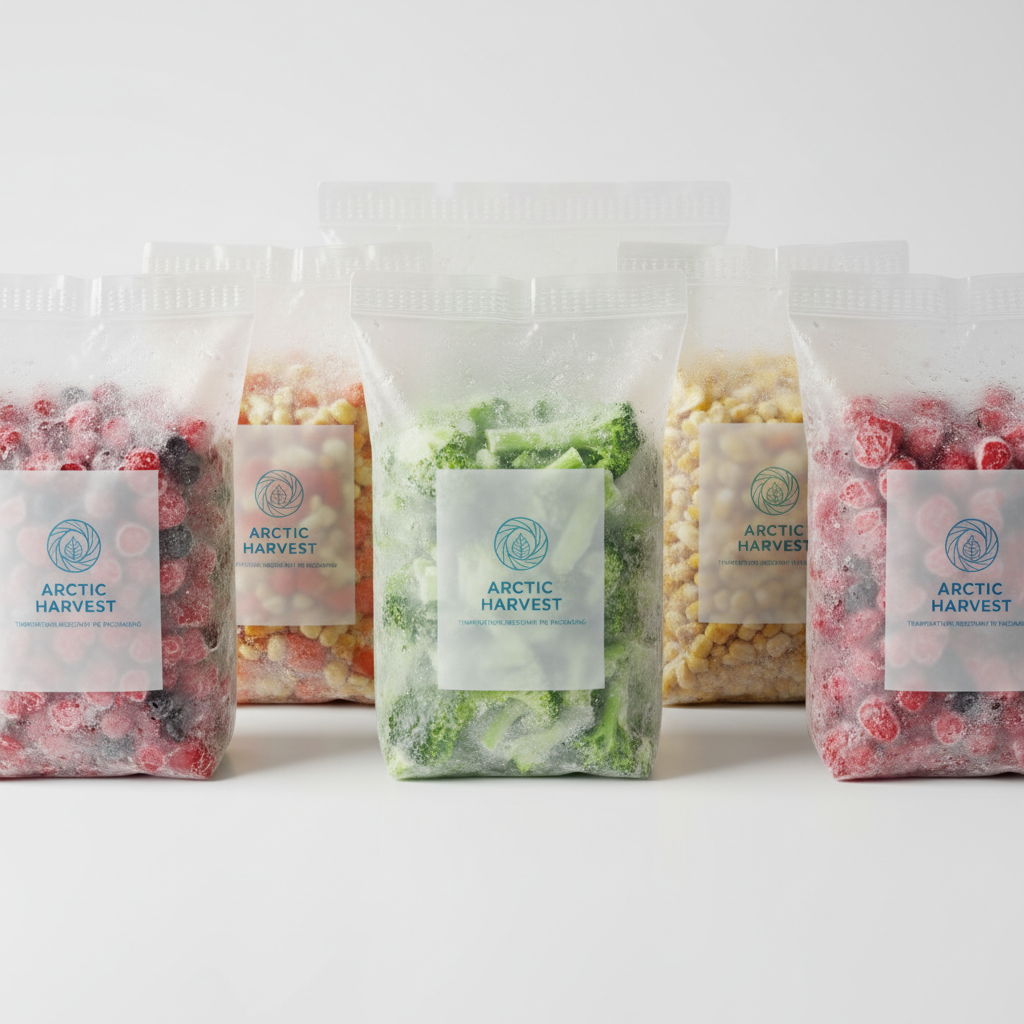 Frozen food products in cold-resistant flexible packaging maintaining quality at low temperatures