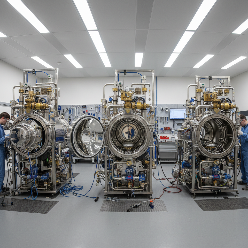 Autoclave service bay showing three units in various stages of teardown with stainless steel internals under LED lighting