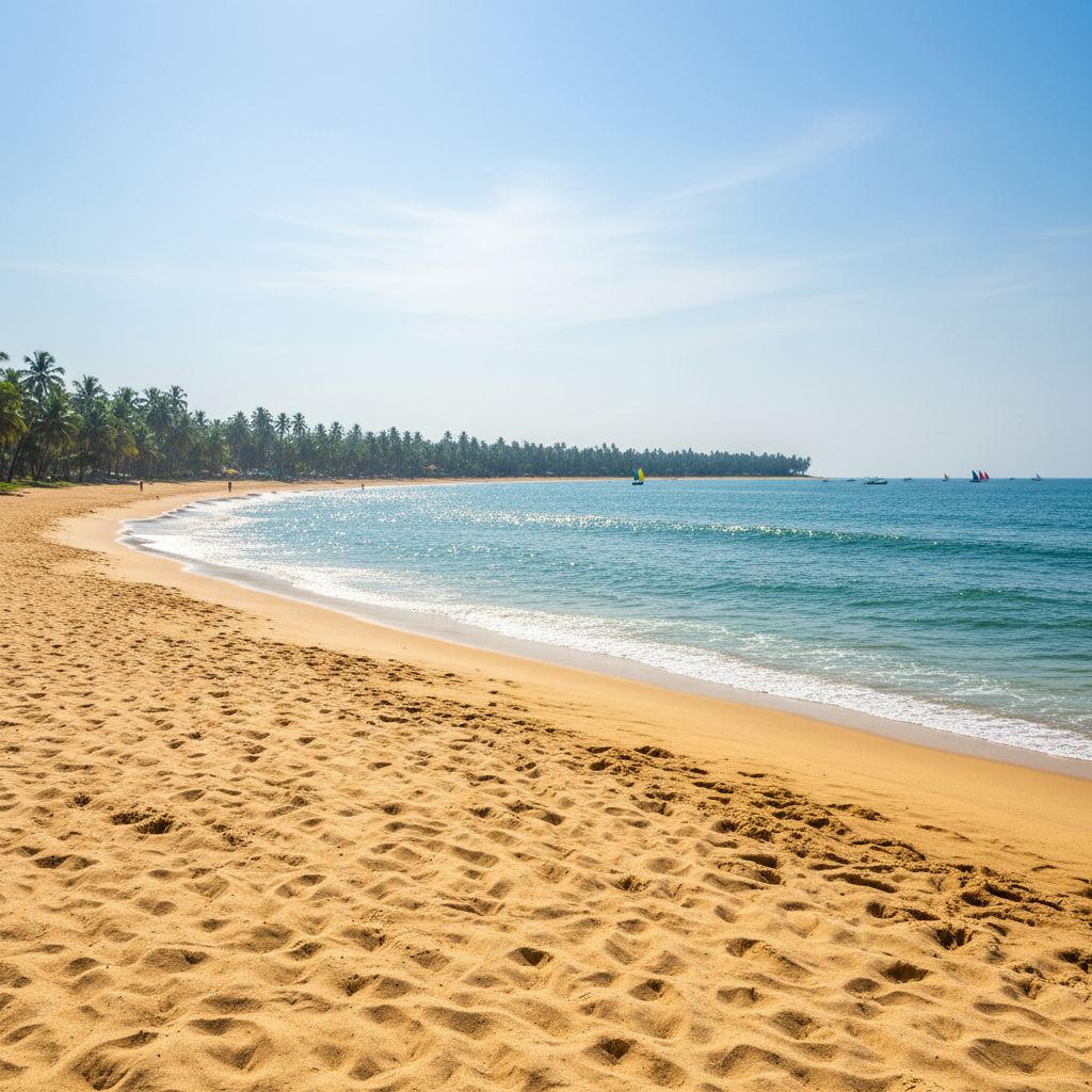 Diveagar beach with golden sand and gentle waves under clear blue sky