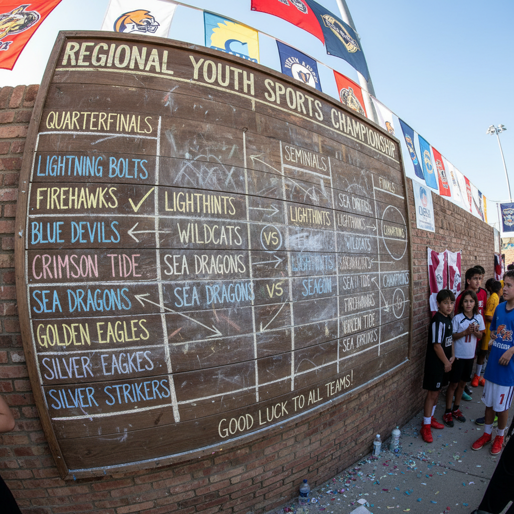 Tournament bracket board with team names written in chalk at a regional youth sports event