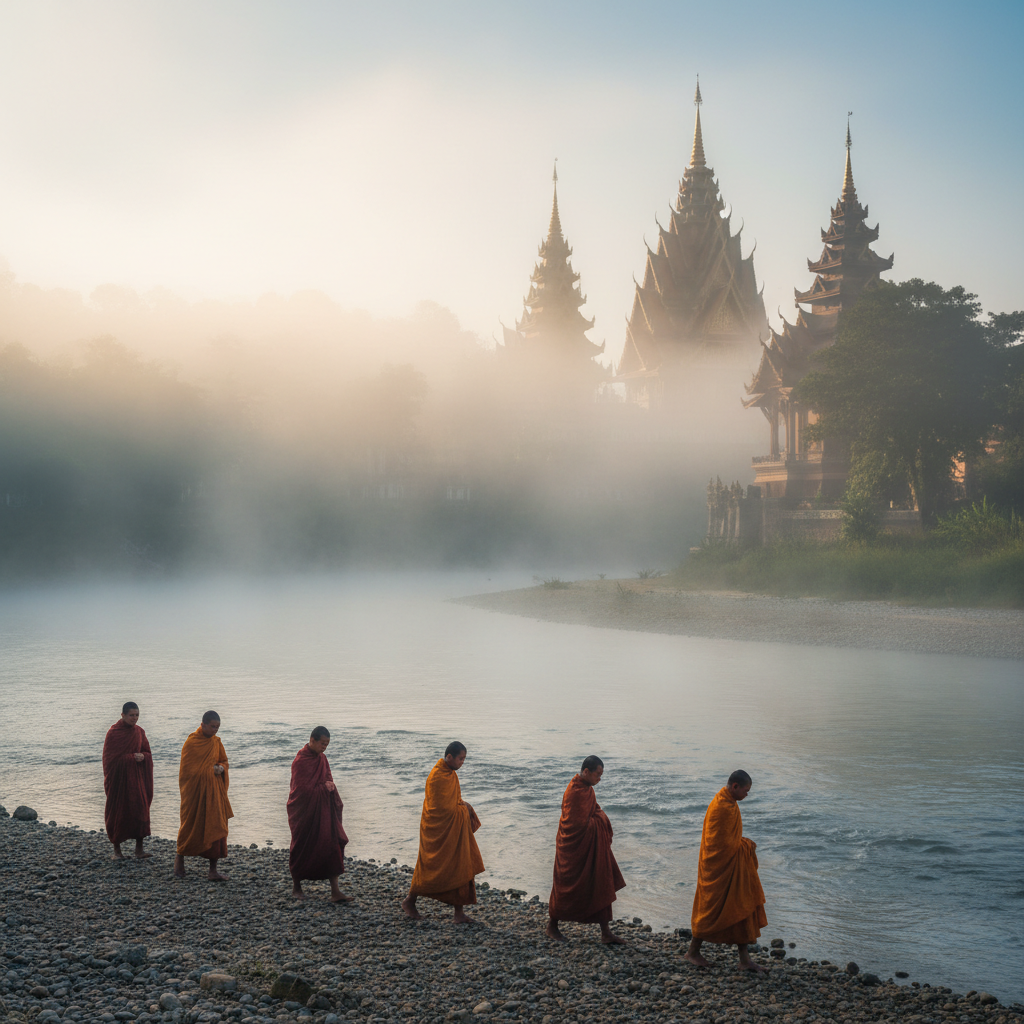 Mekong River Mist at Dawn — Luang Prabang, Laos landscape