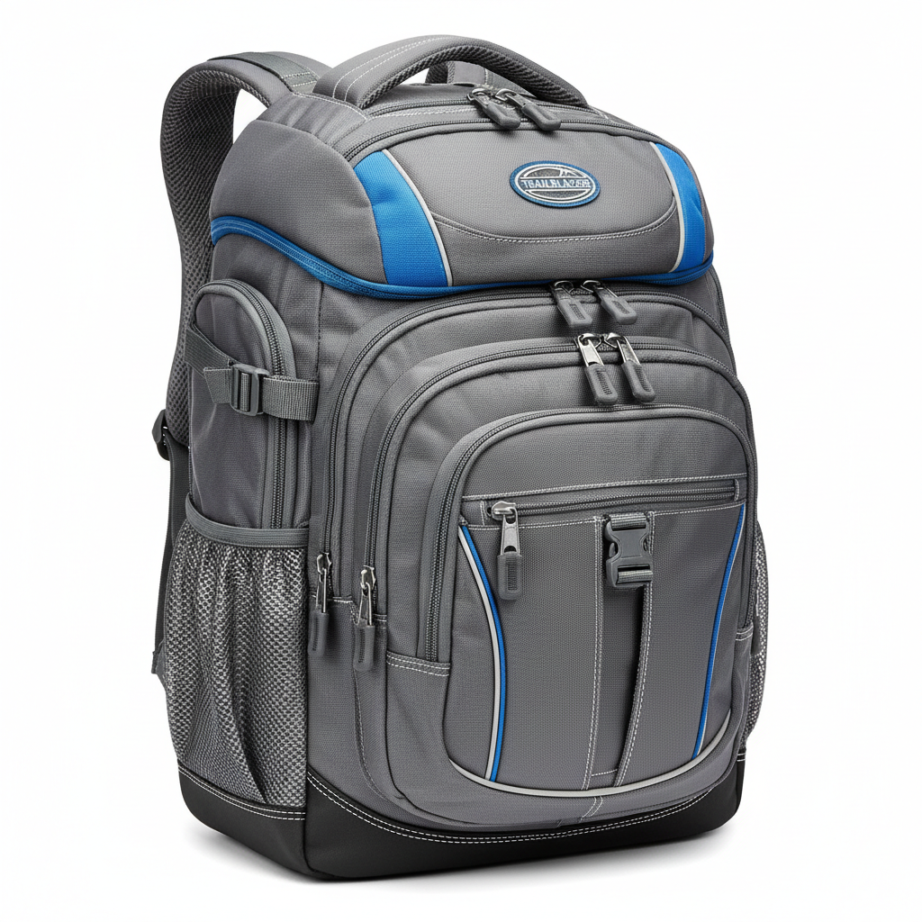 Blue school backpack with multiple compartments on white background