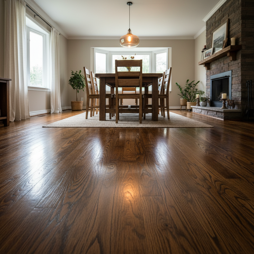 Refinished hardwood floor in dining room glowing warm under pendant light