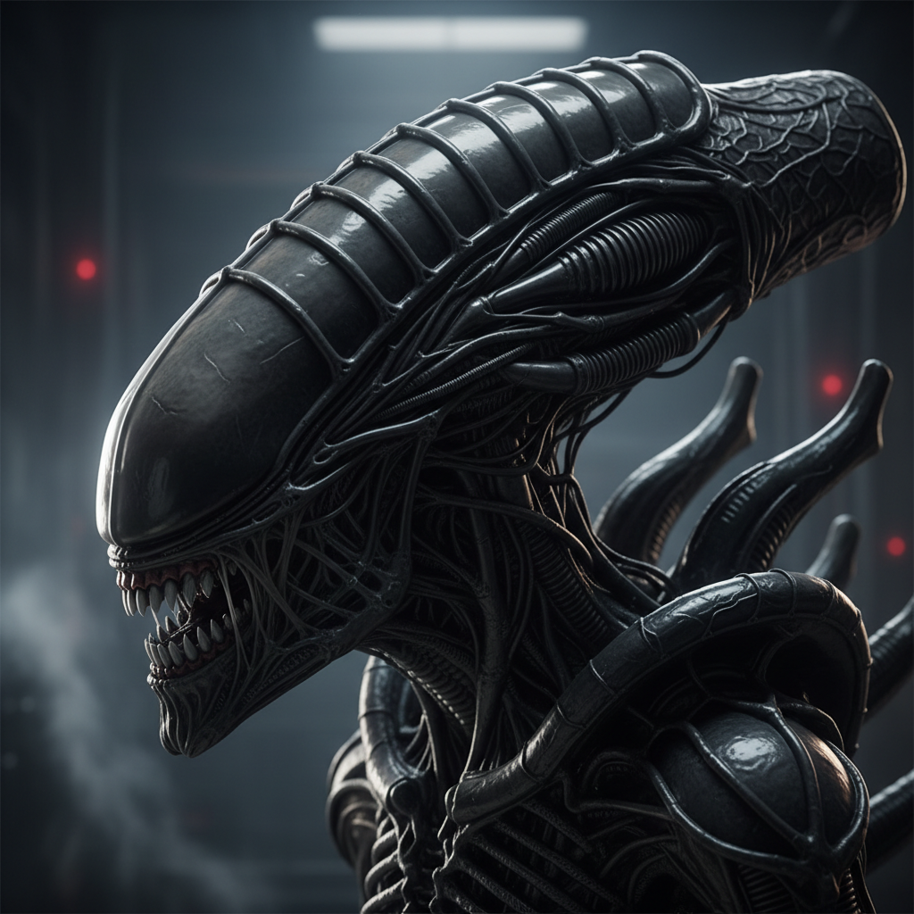 Xenomorph head sculpt in Monster Clay, reference photos taped to board