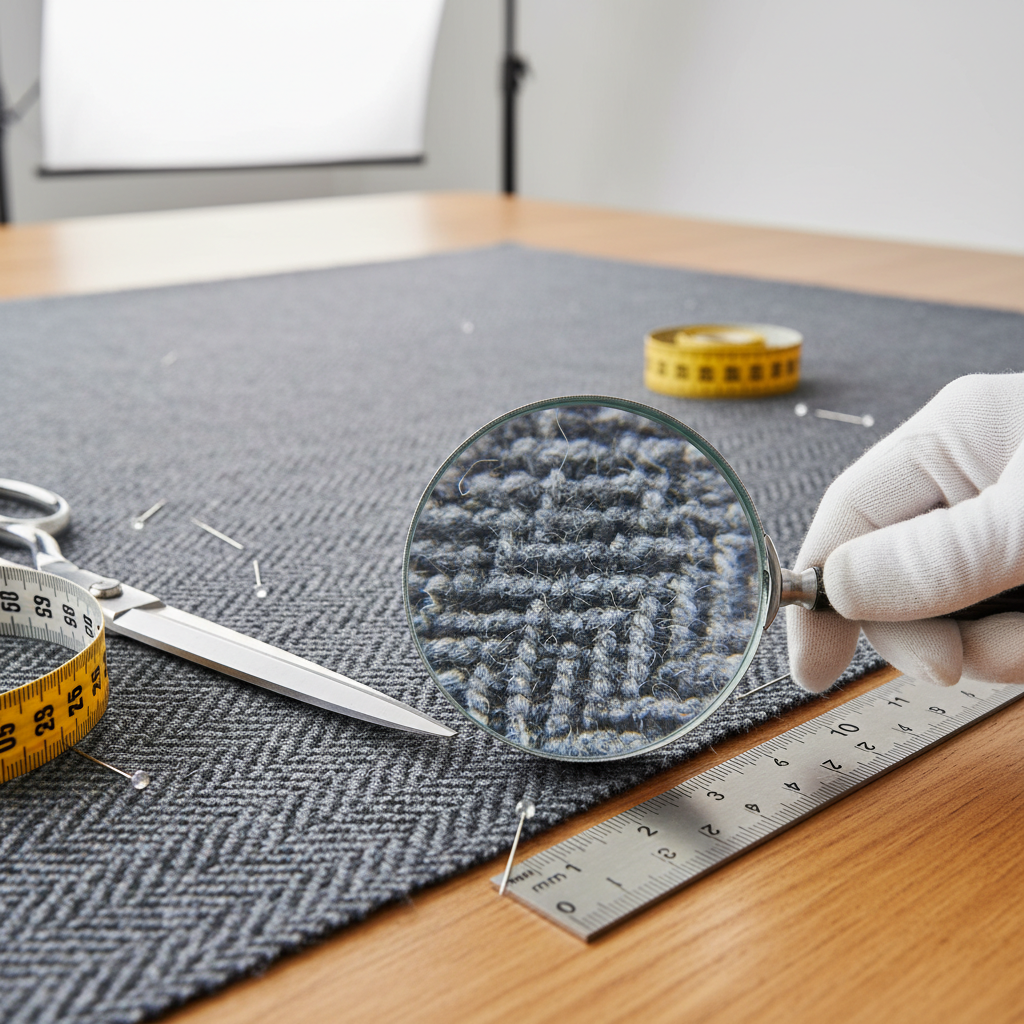 Fabric being examined closely on cutting table with measuring tools