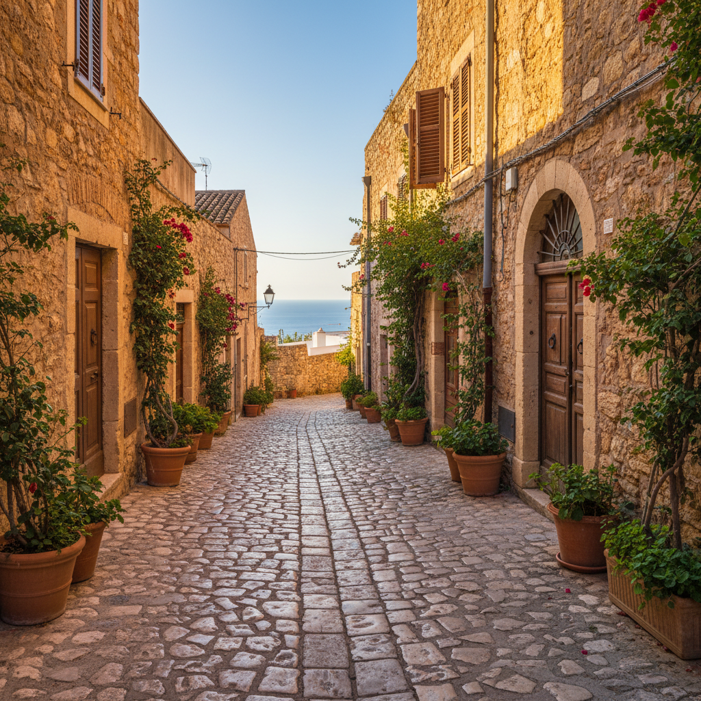 Winding cobblestone alley in a Mediterranean old town, warm afternoon shadows, no people, sense of quiet discovery