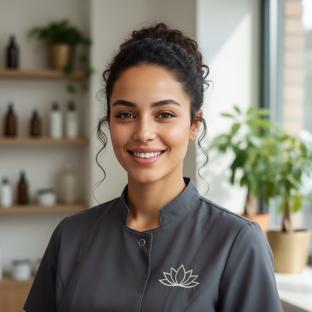 Japanese woman salon owner with professional appearance, neutral background