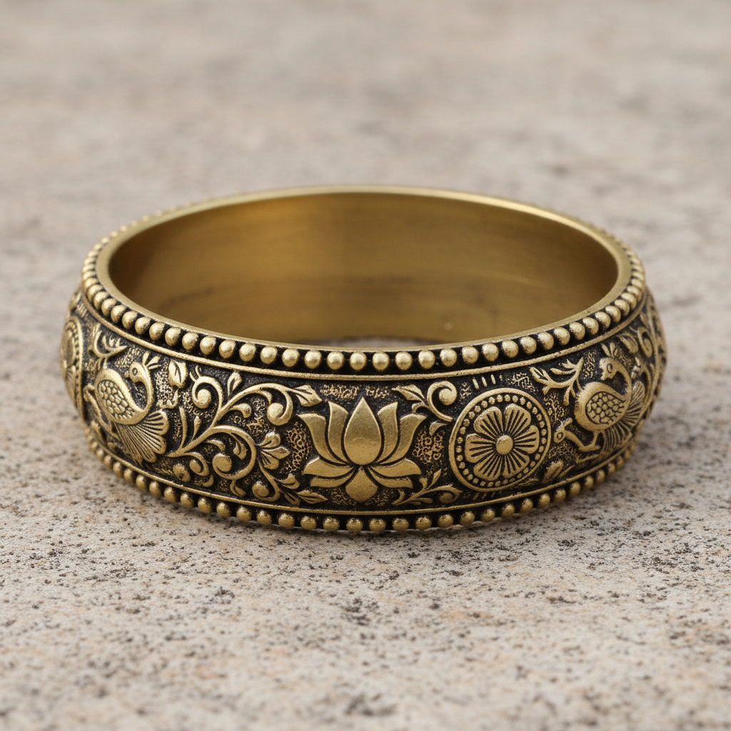 Heavy antique gold kadas with traditional engraving on dark wooden surface