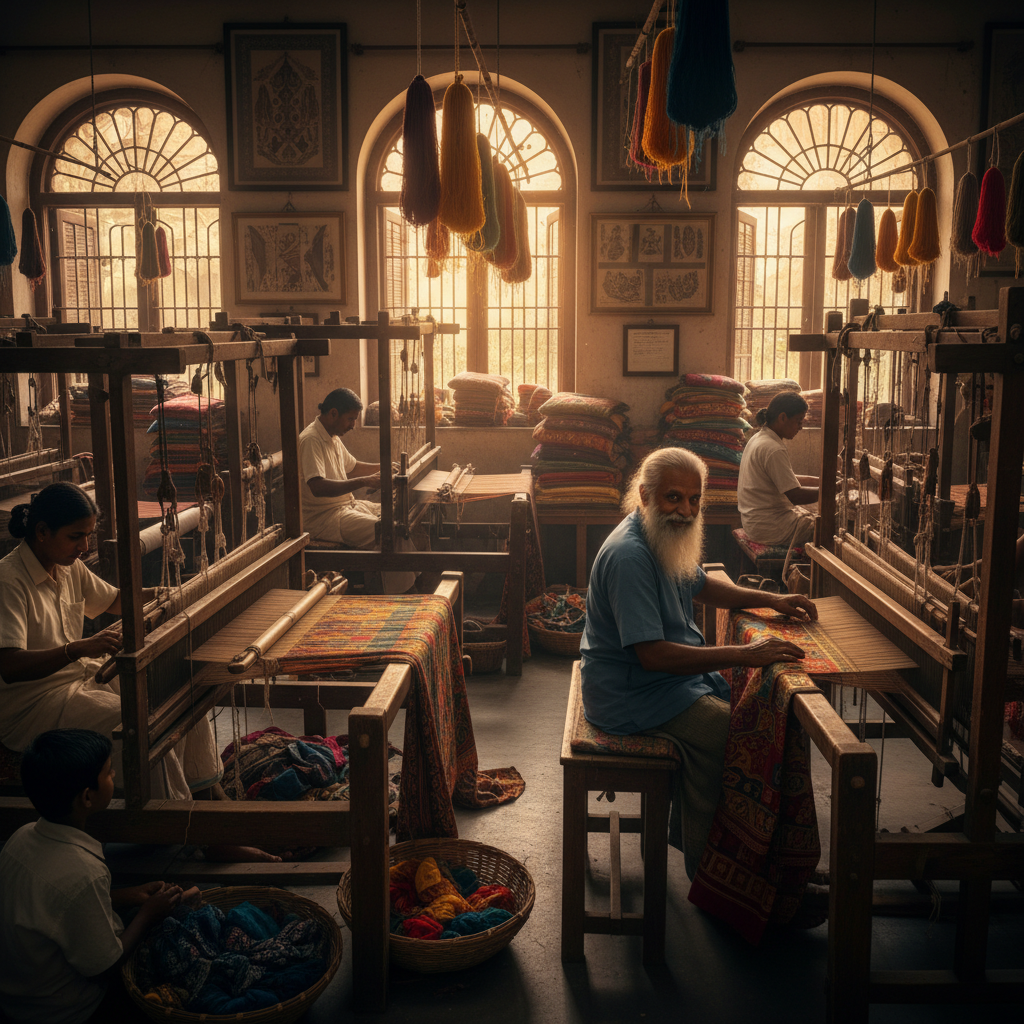 Wide-angle view of a traditional weaving workshop, multiple looms in natural light, deep shadows and warm amber tones, atmospheric and quiet