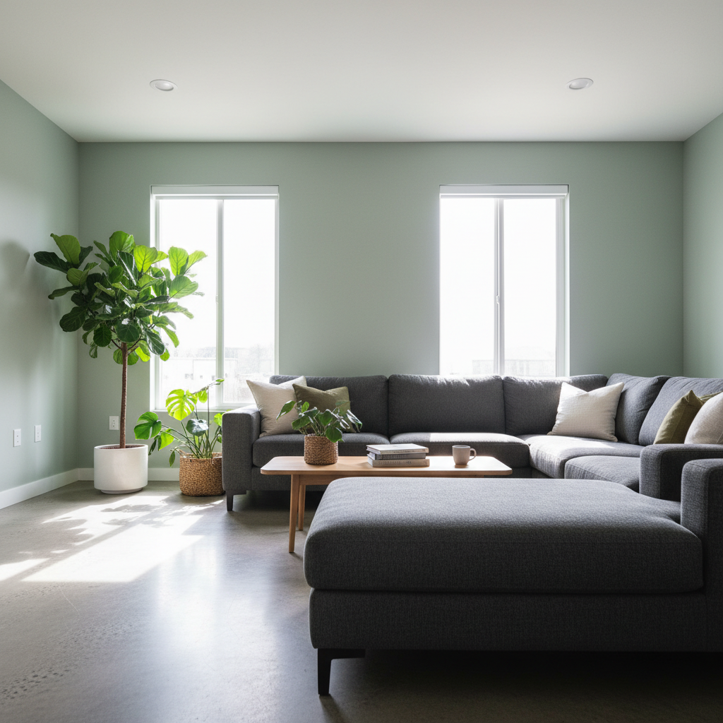 Freshly painted bright living room with clean white walls and modern furniture, residential interior