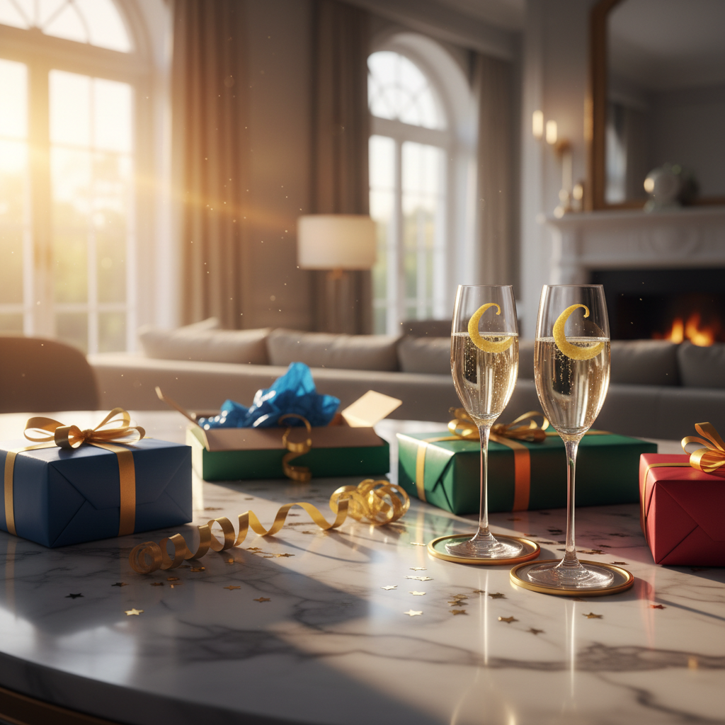 Marble tabletop with unwrapped gifts, champagne flutes, and gold ribbon at golden hour
