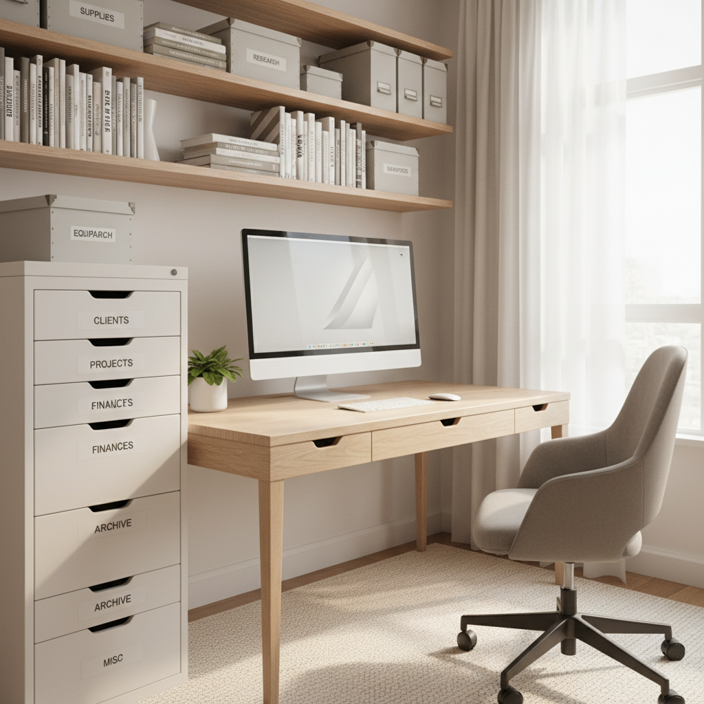 Neatly organized home office with labeled storage boxes on open shelving, clean desk surface, warm neutral tones, natural window light