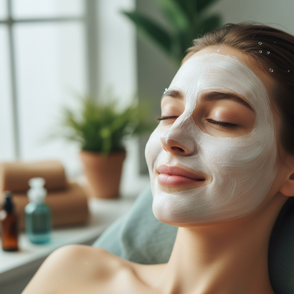 Woman lying with eyes closed receiving luxury facial treatment with white clay mask in bright spa