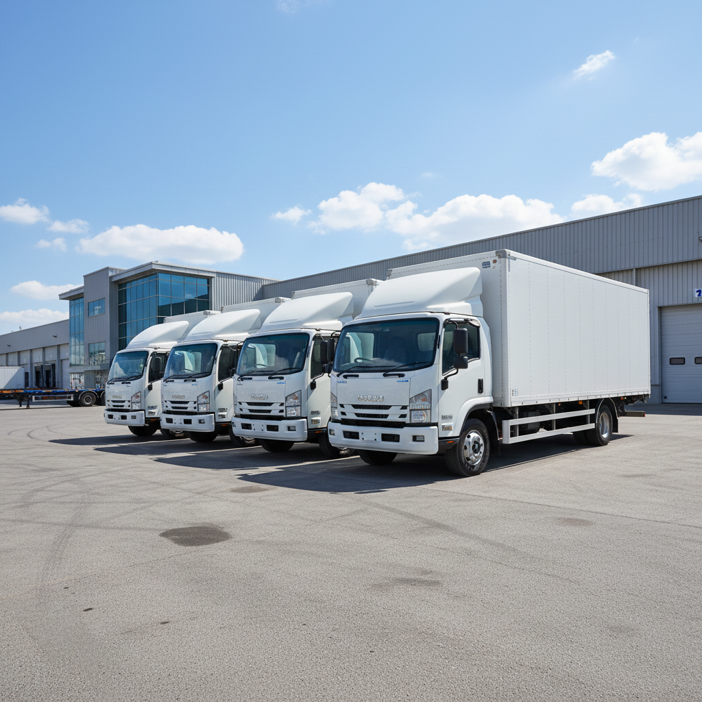 Row of white commercial vans parked in fleet yard at sunrise