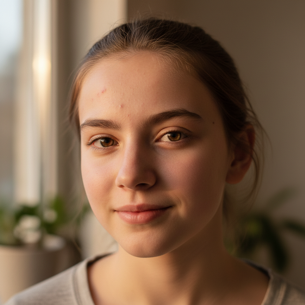 Young woman with hormonal acne on jawline, natural light, candid portrait, slightly frustrated expression