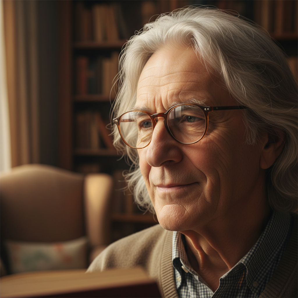 European man with silver hair, reading glasses, literary expression, warm light