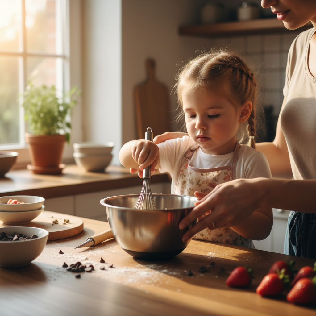 Young child enthusiastically whisking eggs in a glass bowl