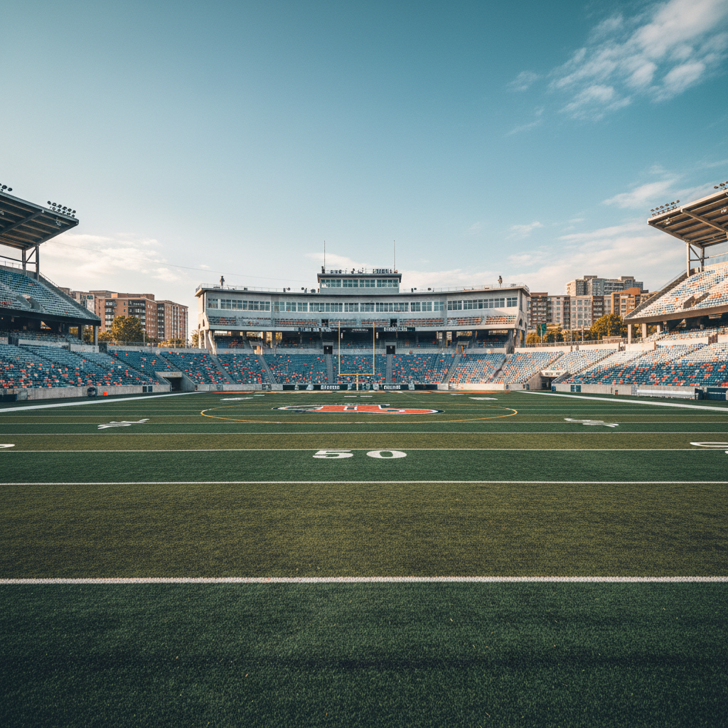 Mid-grade football stadium footage with split-toned color and visible contrast