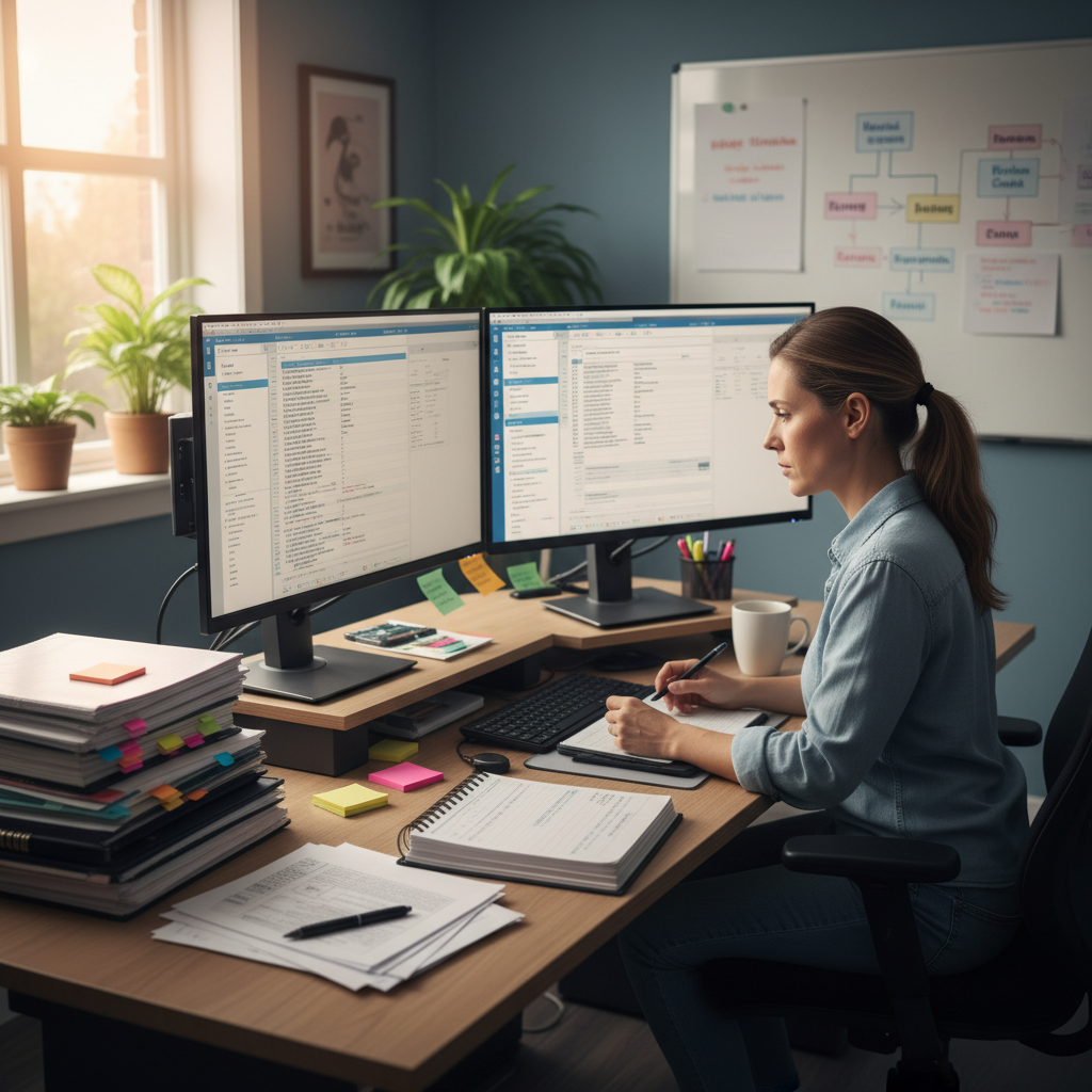 Certified medical coder reviewing patient chart on dual monitors with coding manuals nearby