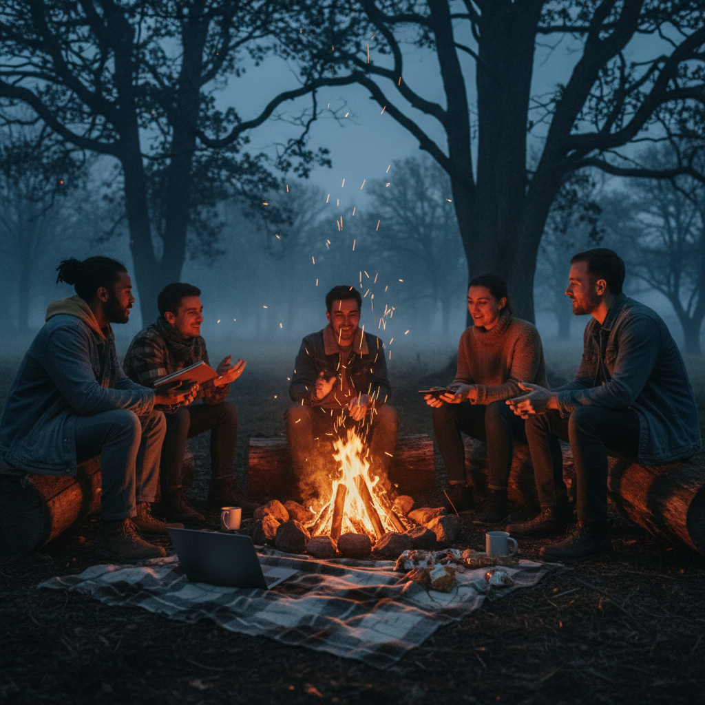Mastermind group gathered around a fire in the evening