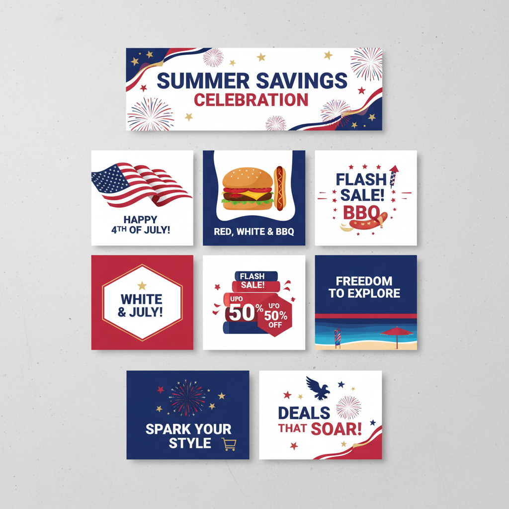 Professionally styled July 4th marketing assets with cohesive red white blue color palette showing email banners social posts and ad creative