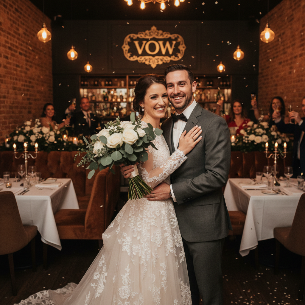 Sophie and Marcus Webb, a couple married at Vow restaurant in February 2026