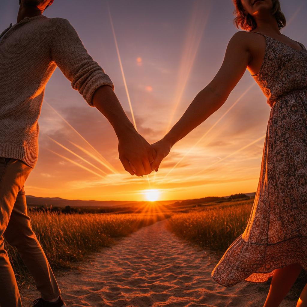 Couple holding hands during a walk at sunset, representing hope and partnership