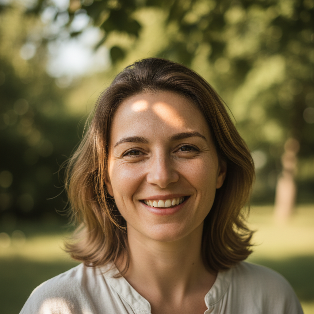 Smiling woman with natural hair, warm outdoor lighting, confident expression, green foliage background