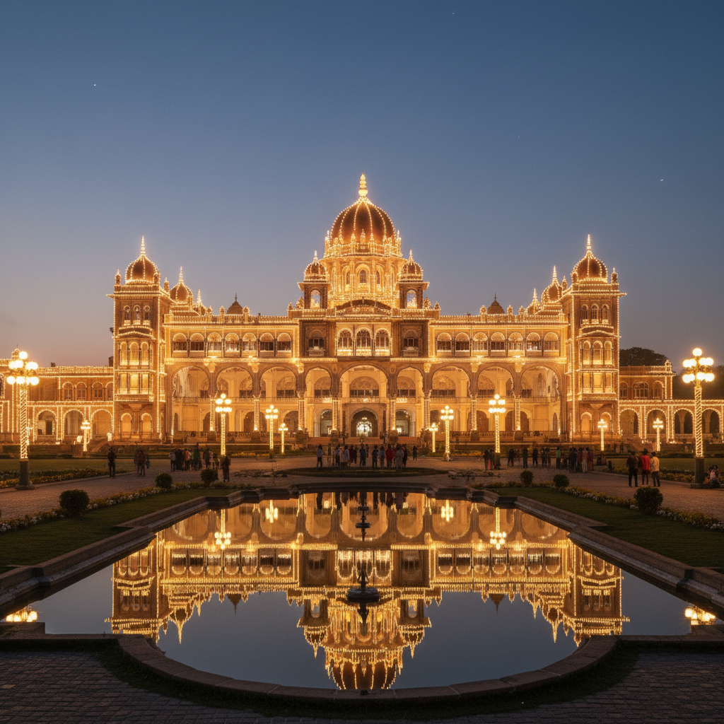 Mysore Palace illuminated with thousands of light bulbs reflecting on surrounding grounds at night