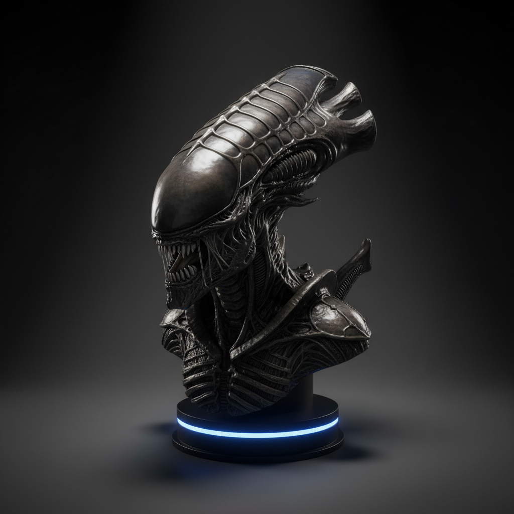 Completed Xenomorph cosplay prosthetic at convention floor, under fluorescent lighting