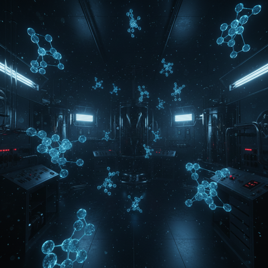 Dark atmospheric synthetic space environment with deep shadows and blue nebula lighting