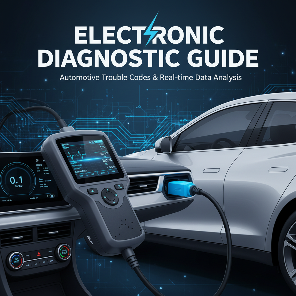 Generic OBD-II scan tool plugged into a car diagnostic port showing a P0300 misfire code on a basic screen