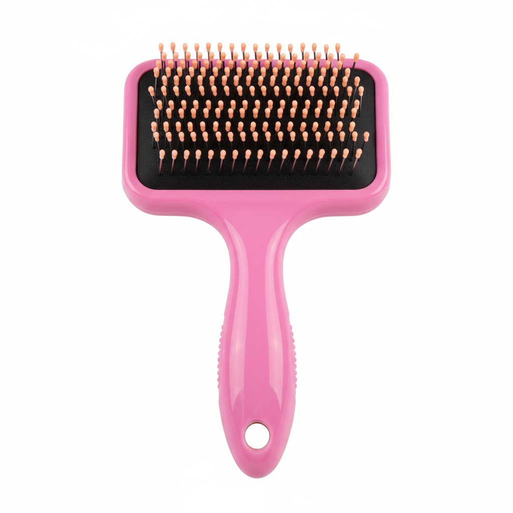 Pink slicker brush with soft flexible pins for dog grooming against white background