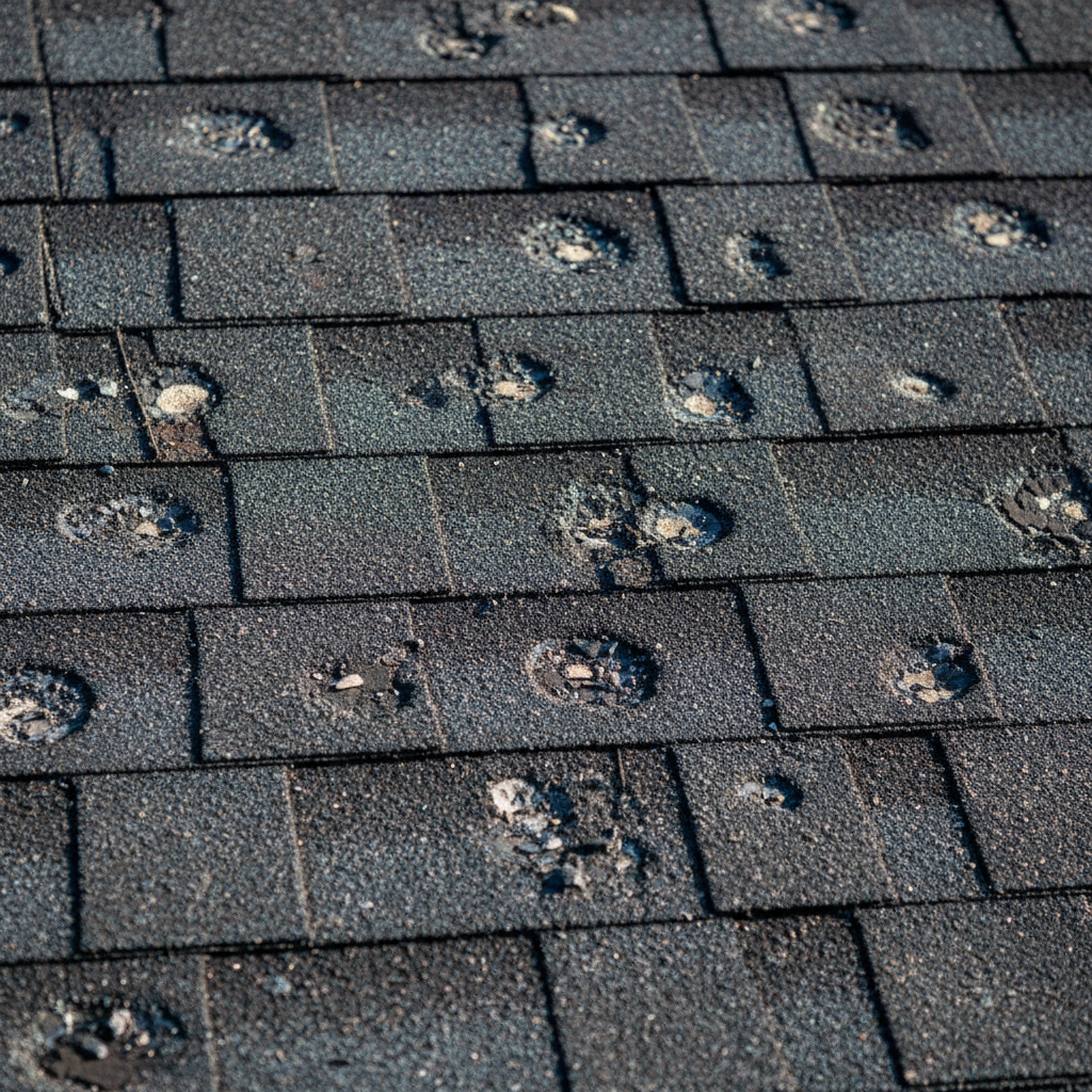 Inspector examining hail damage on roof shingles, overcast sky after storm, close-up inspection detail