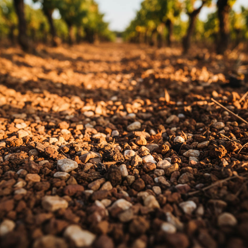 Close-up of Bordeaux gravel soil between vine rows, warm afternoon light, small stones, deep terroir