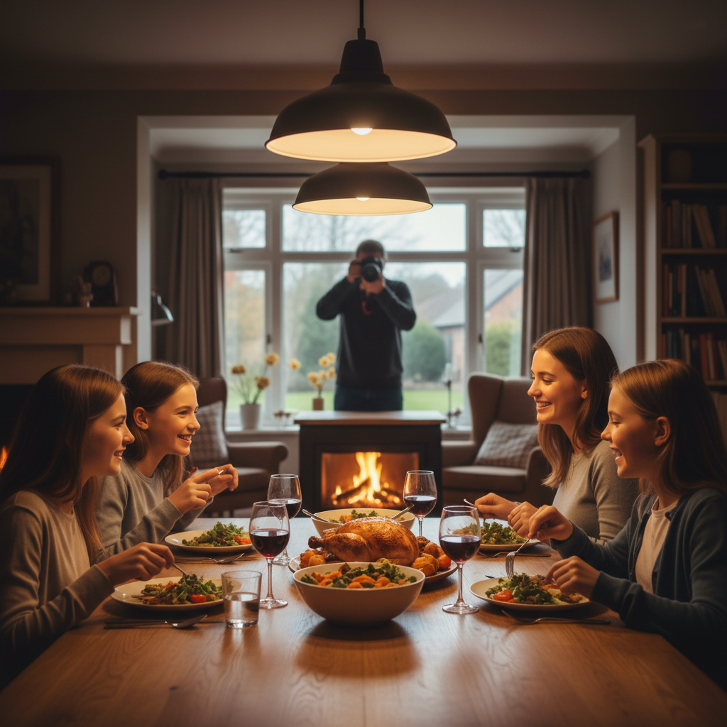 Photographer in the background at a family dinner, slightly out of focus, family in sharp focus in foreground