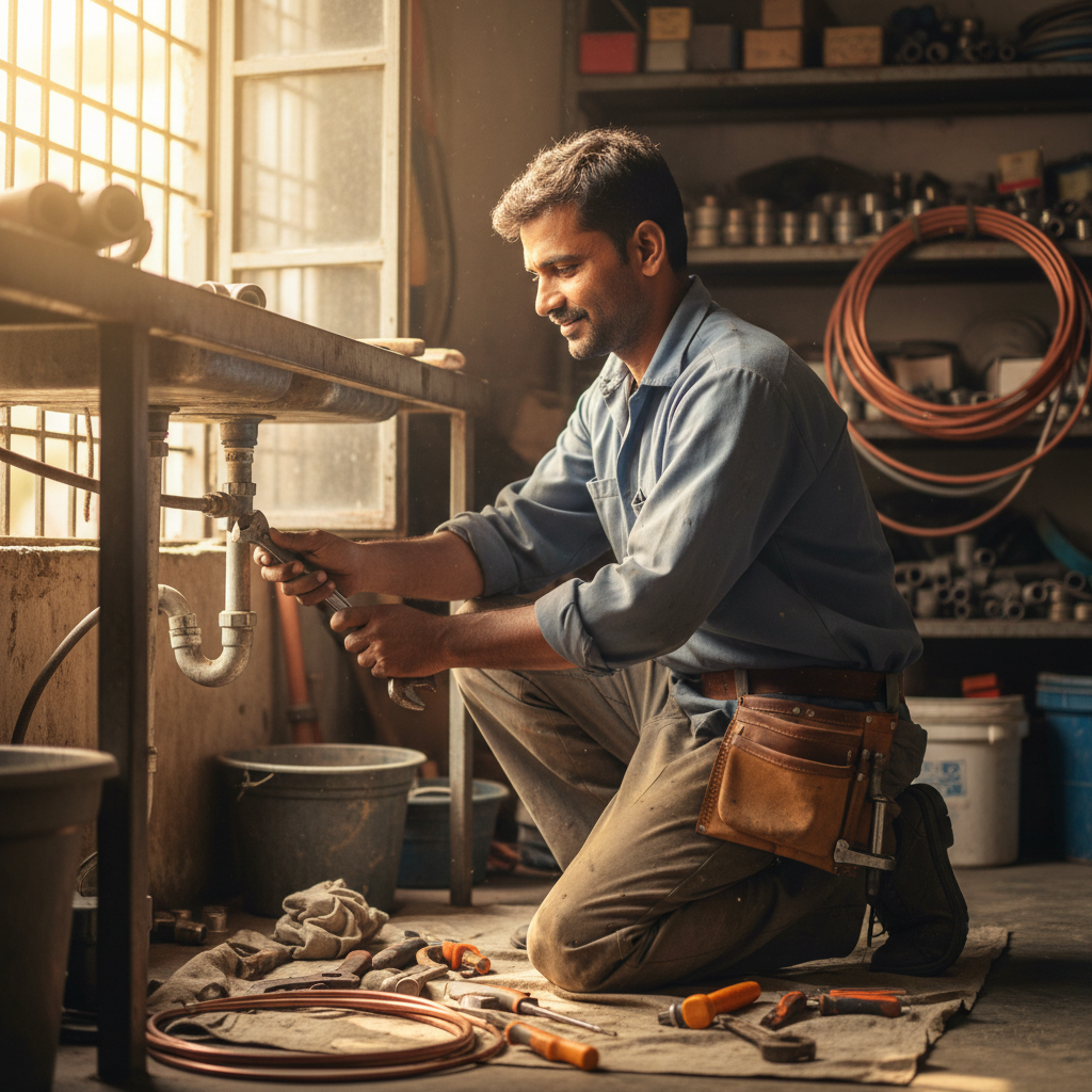 Professional plumber fixing pipes under a kitchen sink in a modern Kathmandu home, bright clean workspace