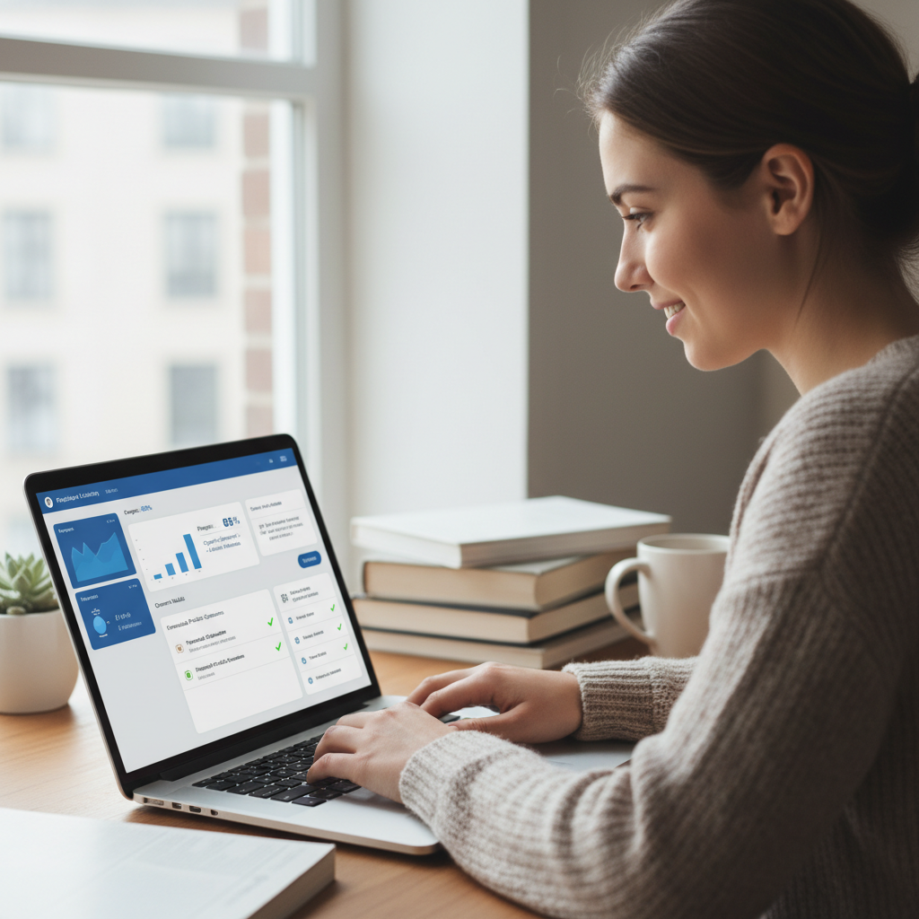 Clean organized data dashboard on laptop screen, bright office setting, white desk, modern minimal workspace
