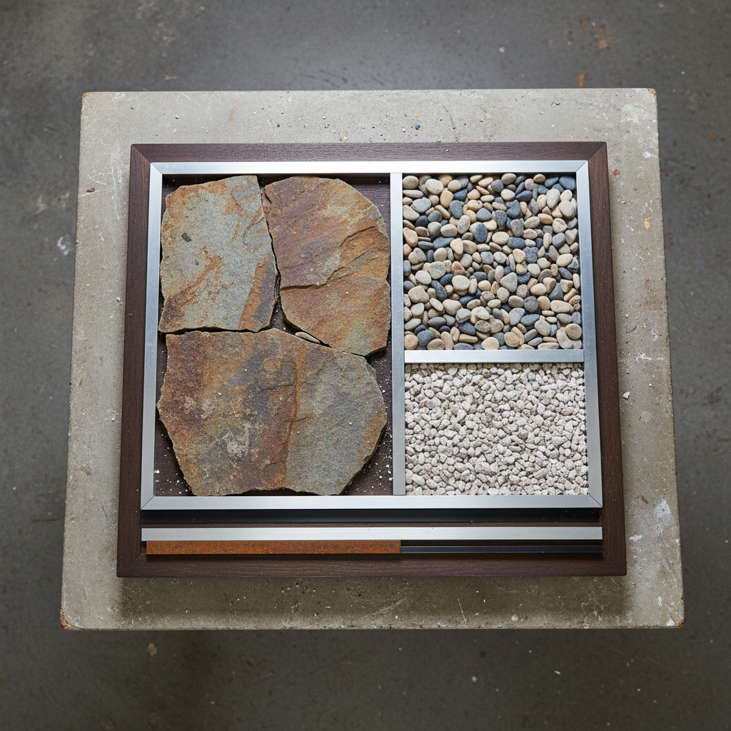 Stone and paver material sample board laid out on a work table showing flagstone, gravel, and steel edging options for client selection