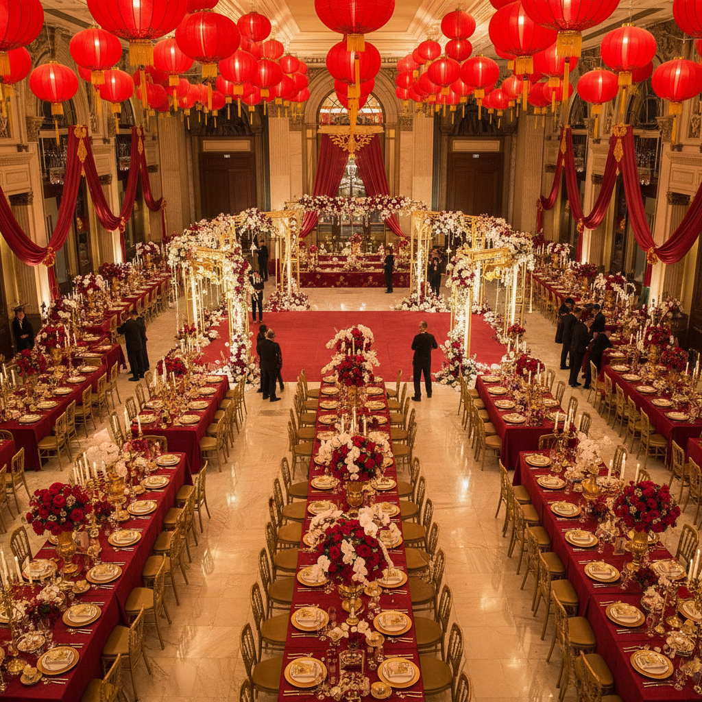 Aerial view of a grand ballroom mid-transformation with red lanterns and golden tablescapes